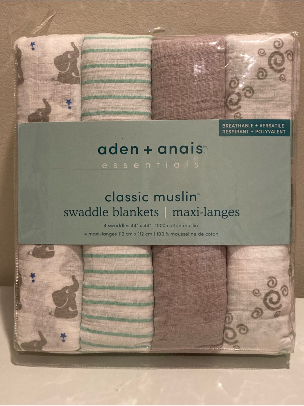 aden + anais 4-Pack Classic 100% Cotton Muslin Swaddle Blankets 44” X 44”  New